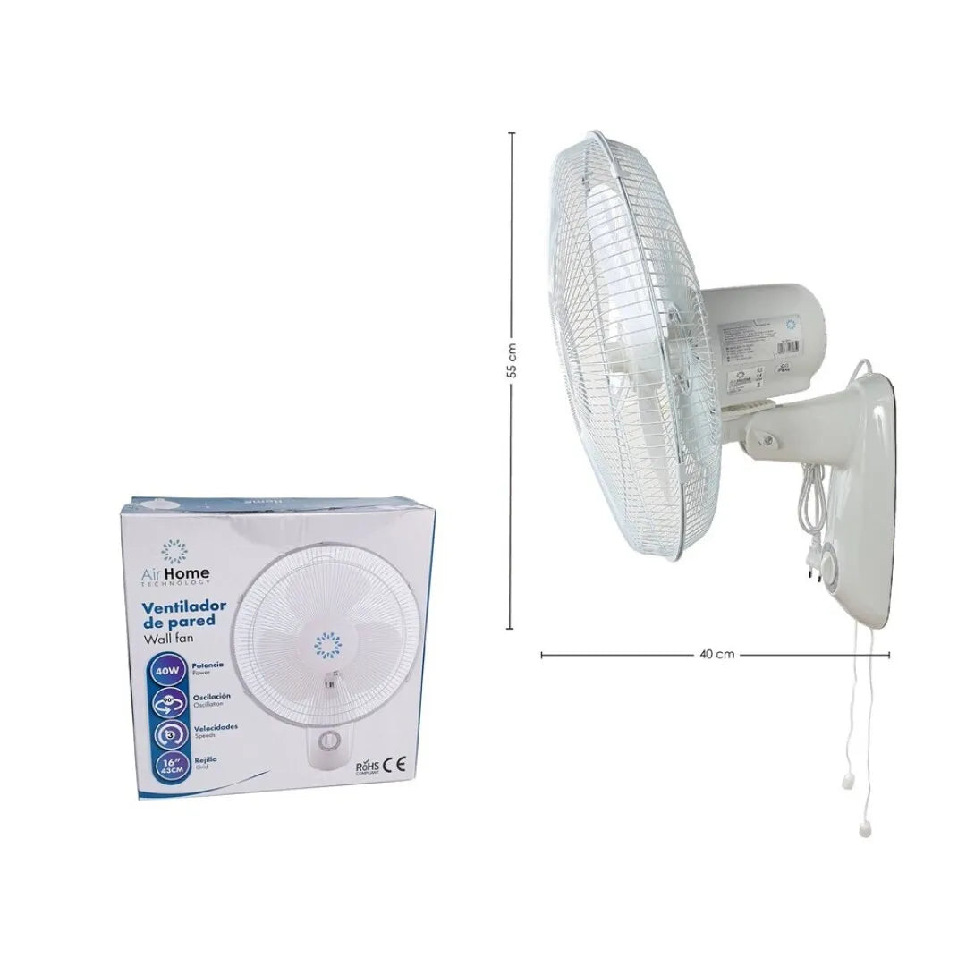 40cm Wandventilator 40W mit 3 Geschwindigkeiten, Zugschalter, breiter Oszillation, 90° neigbarem Kopf, leisem und energiesparendem Motor, Sicherheitsmetallgitter, ideal für Zuhause, Büro, Geschäfte