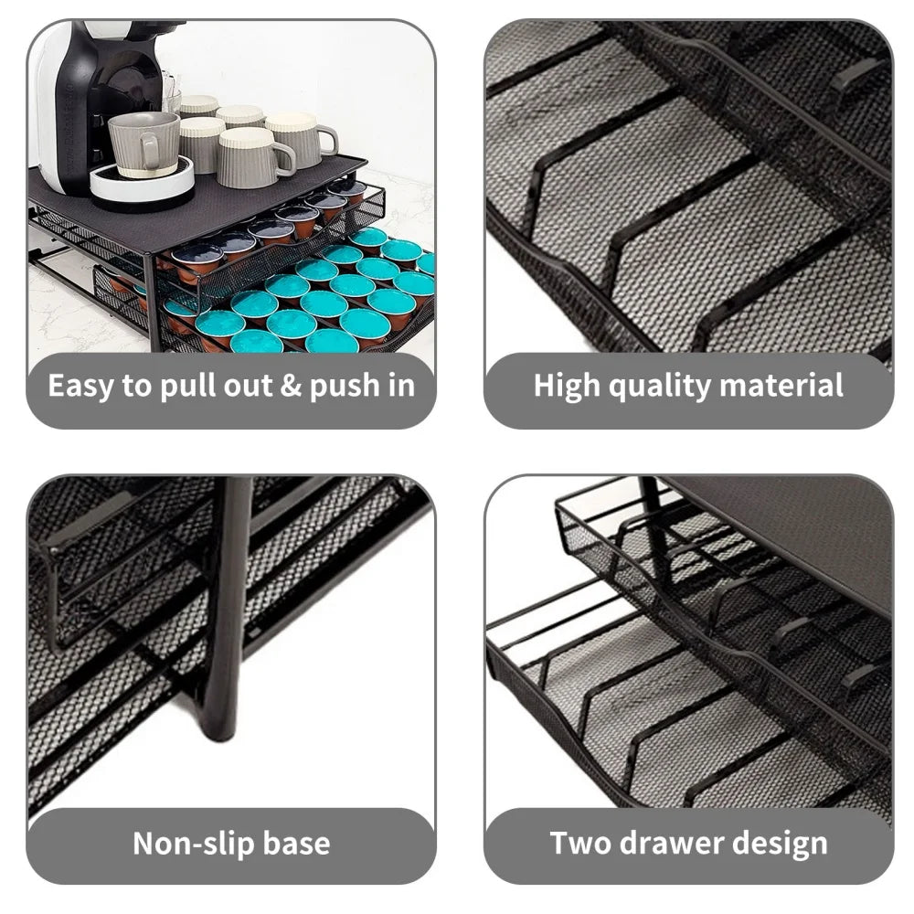 2-stöckiger ausziehbarer Metall-Kaffeekapsel-Organizer, Kaffeepad-Halter für 72 Kaffeepads, rutschfeste Basis für Kaffeemaschine, Küchen-Organizer