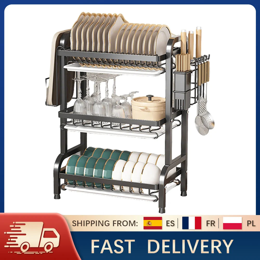 Stendino per piatti Scolapiatti a 3 livelli Scolapiatti Scaffale per piatti antiruggine di grande capacità con portautensili Organizzatore da cucina