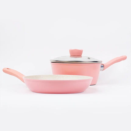 Home Kitchen Cookware Set, Nonstick Pots and Pans Set, Cute Egg Steak Pan, Skillet with Lid for All Cooktops, 3 Piece, Pink