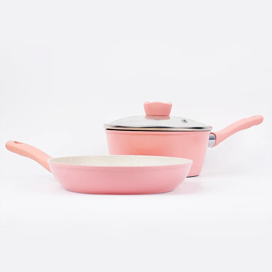 Set di pentole da cucina per la casa, set di pentole e padelle antiaderenti, padella per bistecche di uova carine, padella con coperchio per tutti i piani cottura, 3 pezzi, rosa