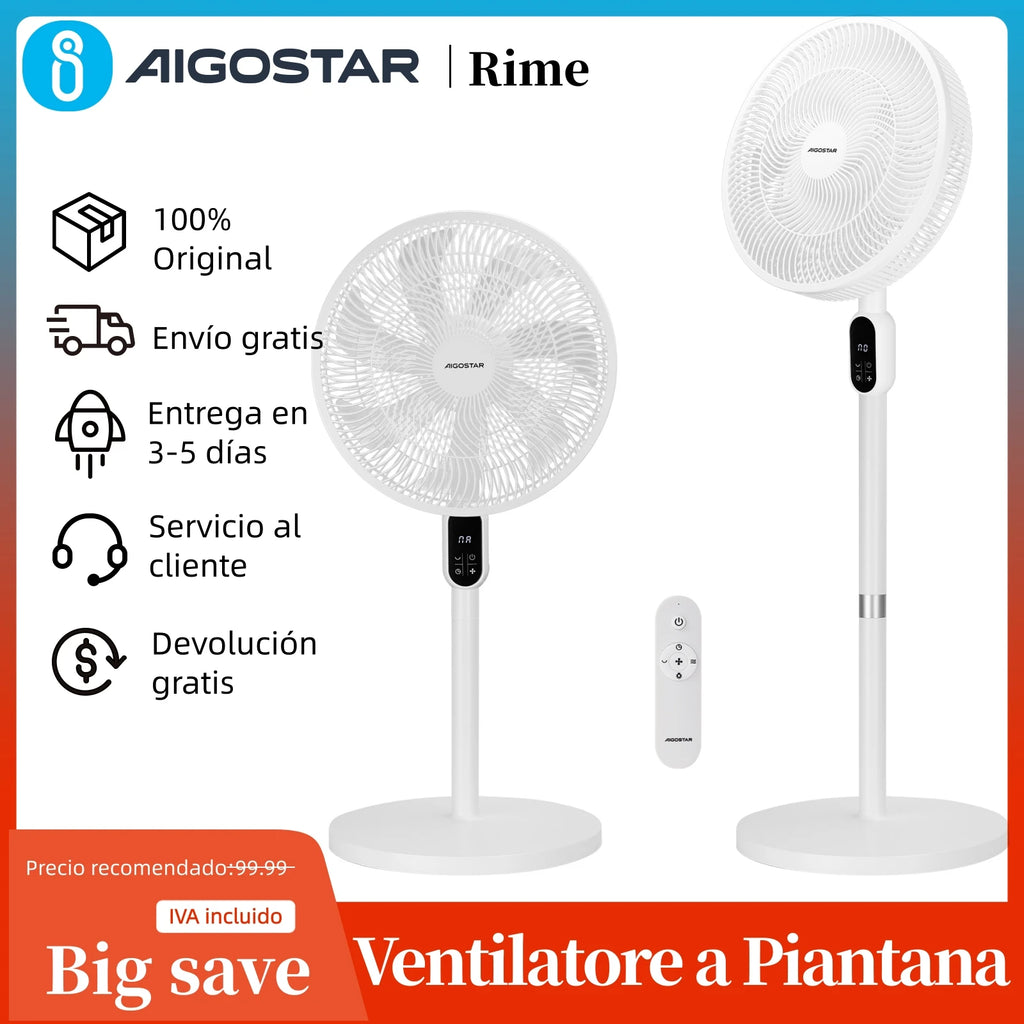Aigostar 50W Leiser Standventilator mit 7 Flügeln, 3 Geschwindigkeiten und Modi, Fernbedienung, 12H Timer, ultrastabilem Rundsockel, höhenverstellbar 110-125cm, für Zuhause und Büro, Weiß, Rime