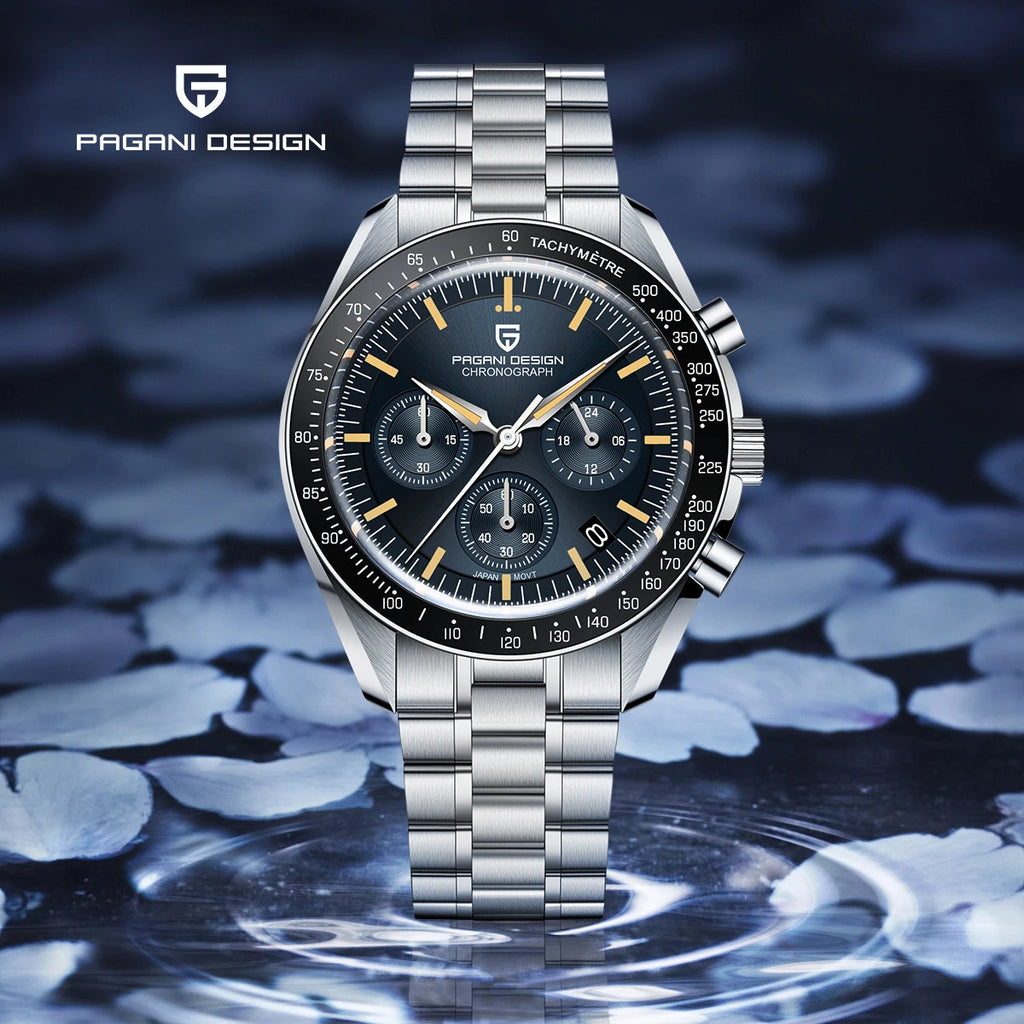 PAGANI DESIGN Orologio da uomo al quarzo con cronografo PD1701 - Cassa in acciaio inossidabile, quadrante blu, vetro zaffiro, impermeabile 10 bar