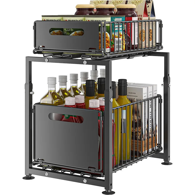 Organizer estraibile sotto il lavandino, scorrevole in altezza regolabile a 2 livelli per armadio da cucina/bagno, ripiano per barattoli di spezie