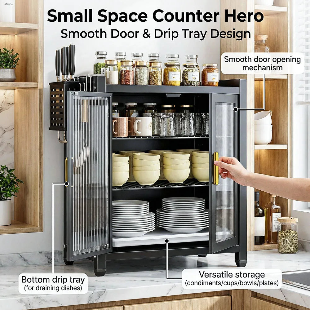Mobiletto da Cucina a Porta Scorrevole, Scaffale a 2/3 Livelli per Spezie, Utensili e Piatti, Organizzatore Autoportante Salvaspazio