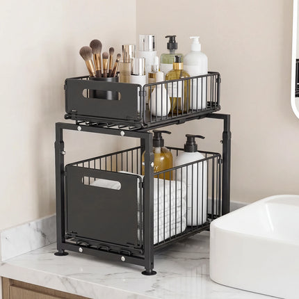 2-Tier Pull Out Organizer, Height Adjustable Under Sink Shelf with Sliding Drawer for Kitchen and Bathroom Cabinets