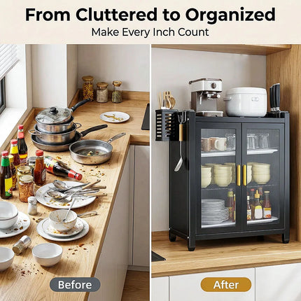 Sliding Door Kitchen Cabinet, 2/3 Tier Shelf for Spices, Utensils, and Dishes, Freestanding Space-Saving Organizer