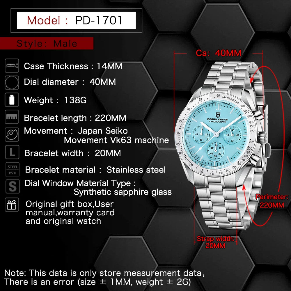 PAGANI DESIGN Herrenuhr Ice Blue, Luxus-Quarzuhr für Herren, Chronograph mit AR-Saphirglas, Leuchtend, Lokaler Versand