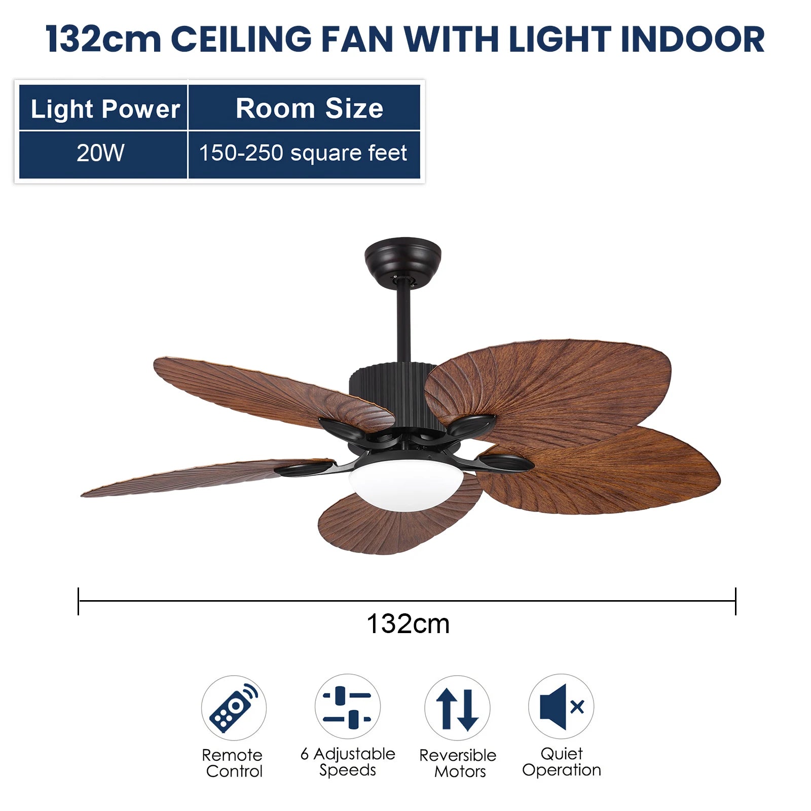 Ventilatore da soffitto da 132 cm con luce LED, 6 velocità, telecomando, reversibile, dimmerabile, finitura in legno