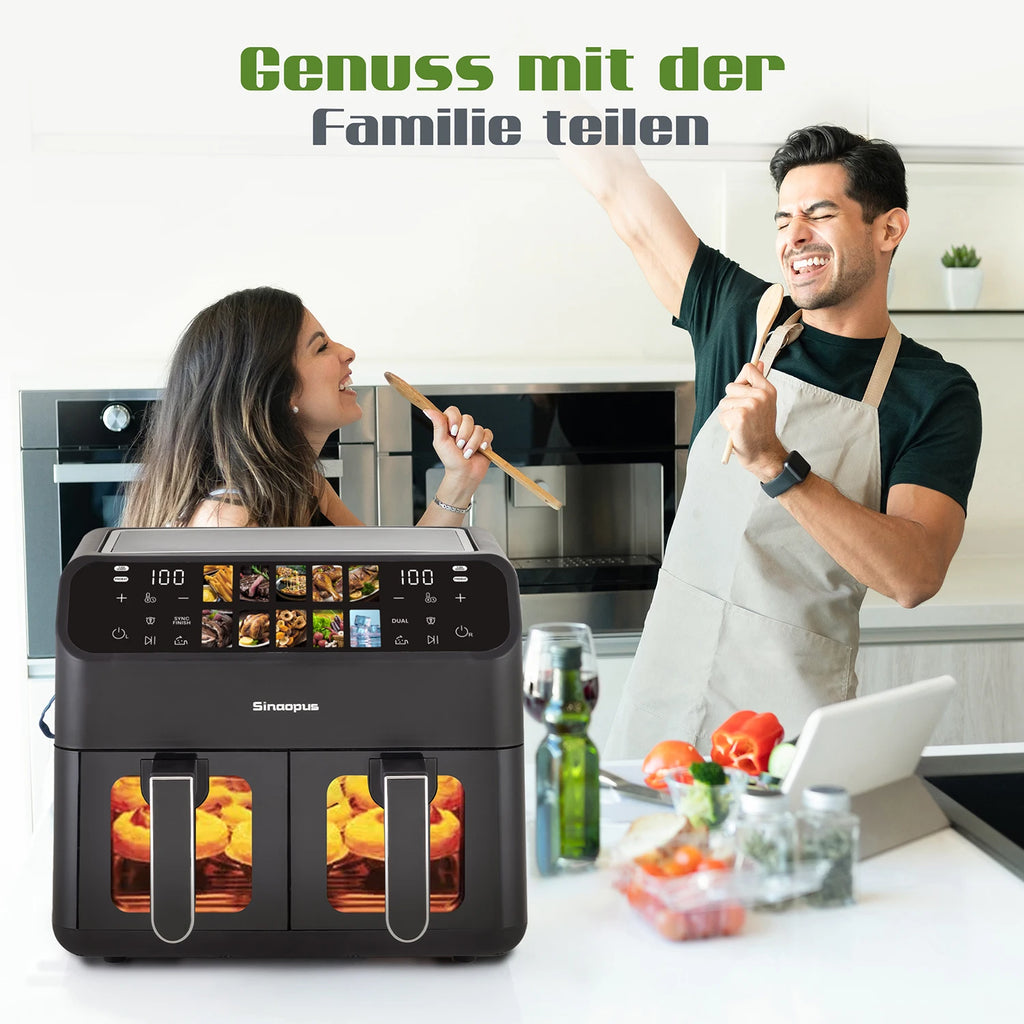Sinaopus 2000W XXL 9L Doppelkorb-Heißluftfritteuse Multifunktions-Luftfritteuse mit LED-Touchscreen Timer Automatische Kochprogramme