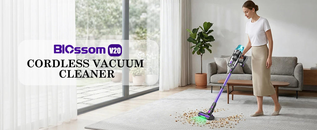 Blossom V20 Akku-Staubsauger, bürstenloser 600W Motor, 55KPA starke Saugkraft, 3-Gang-Einstellung, Voll-Touchscreen, 1,8L großer Staubbehälter, 8-Zellen-Akku, 60 Minuten Laufzeit, Bürste für