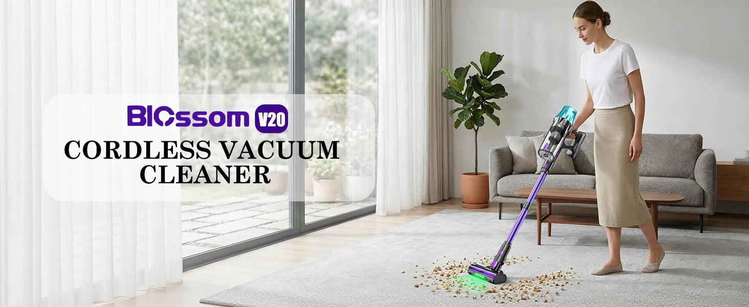 Blossom V20 Akku-Staubsauger, bürstenloser 600W Motor, 55KPA starke Saugkraft, 3-Gang-Einstellung, Voll-Touchscreen, 1,8L großer Staubbehälter, 8-Zellen-Akku, 60 Minuten Laufzeit, Bürste für