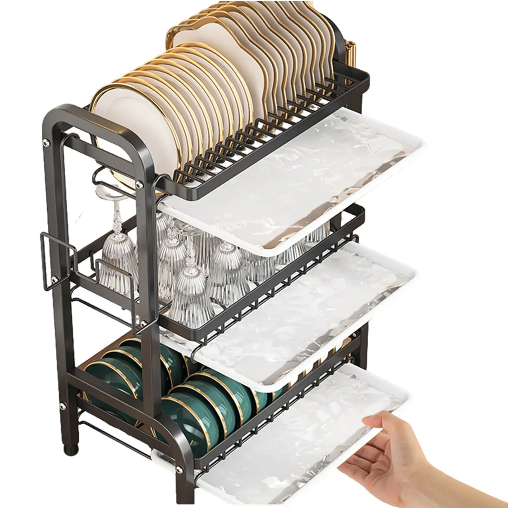 Stendino per piatti Scolapiatti a 3 livelli Scolapiatti Scaffale per piatti antiruggine di grande capacità con portautensili Organizzatore da cucina