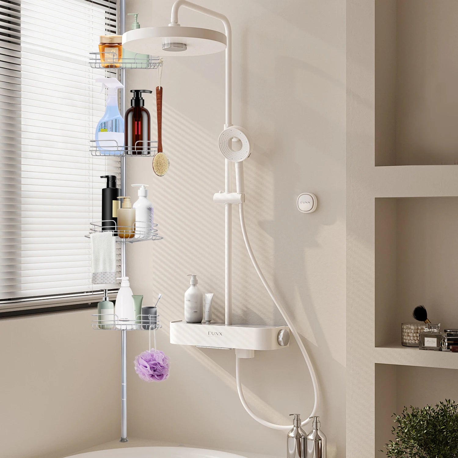 Badezimmer-Aufbewahrungsregal, Teleskop-Badewannenablagen, bohrfreies Dusch-Eckregal, Badewannen-, Küchen-, Spülen-Organizer, verstellbar von 244 bis 270 cm