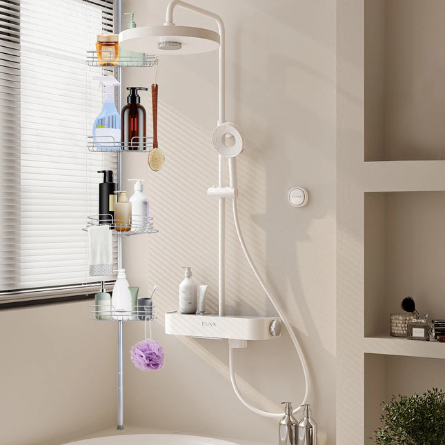 Scaffale portaoggetti per bagno, scaffali telescopici per vasca da bagno, scaffale angolare per doccia senza foratura, organizer per vasca, cucina, lavello, regolabile da 244 a 270 cm