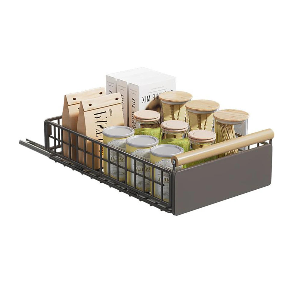 Ausziehbarer Organizer mit Holzgriff, Push-Pull-Auszugskorb für Schrank, klappbarer Schubladenauszug, Abtropfgestell für Küchenspüle/Badezimmer