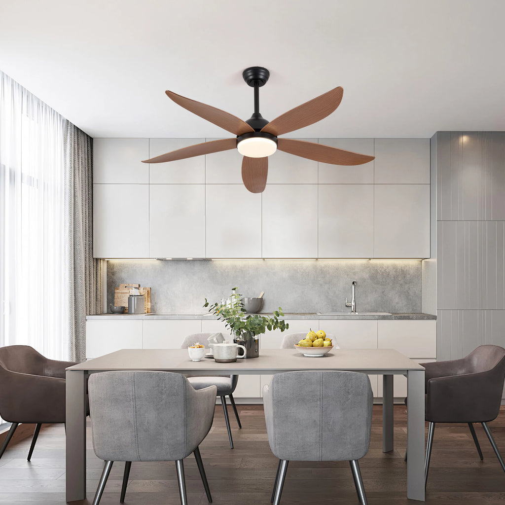 Ventilatore da soffitto da 132 cm con luce LED, 6 velocità, telecomando, reversibile, dimmerabile, finitura in legno