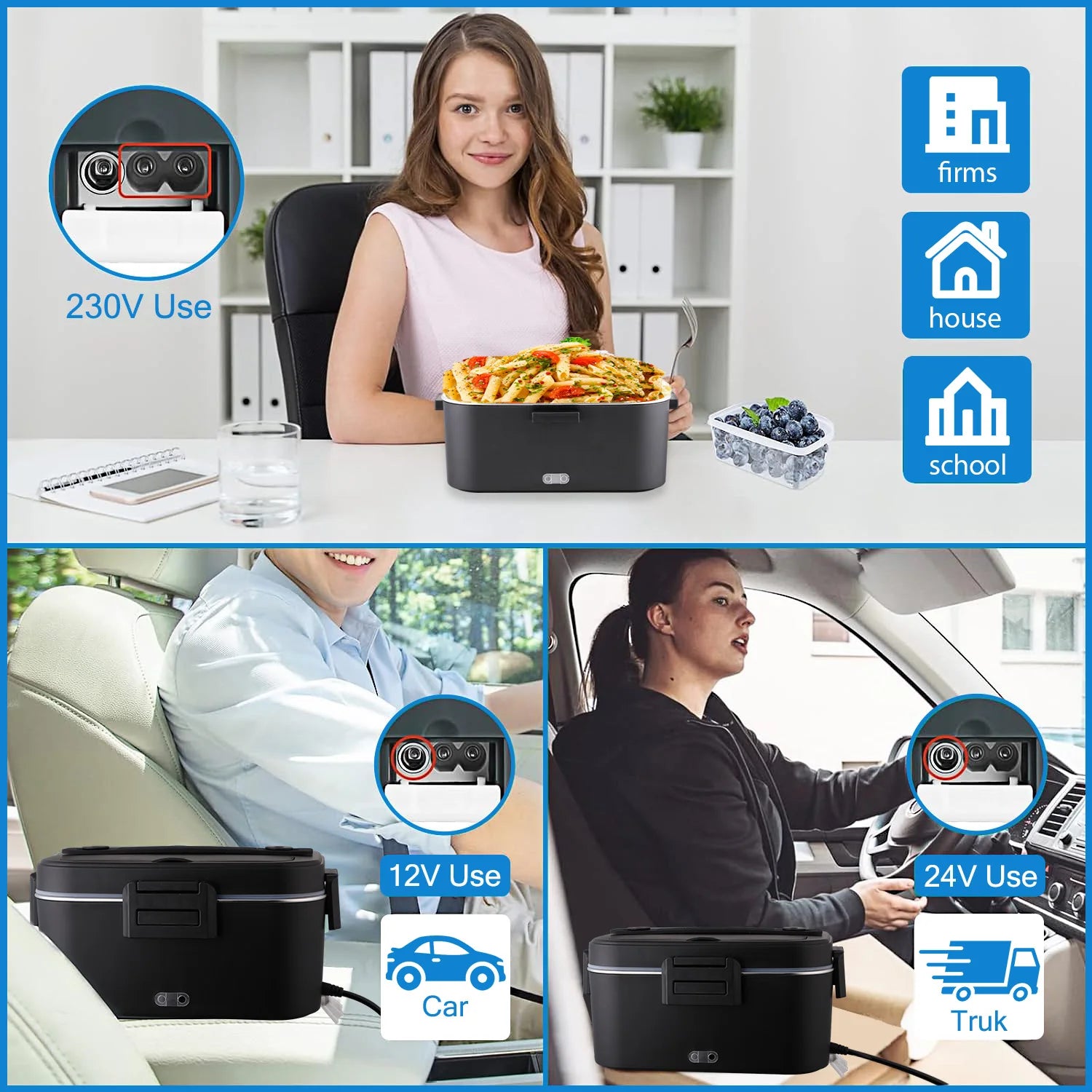 Elektrische Brotdose 80 W 1,8 L Tragbare abnehmbare Edelstahl-Brotdose 12 V/24 V/230 V Auto/LKW/Büro mit Wärmetasche