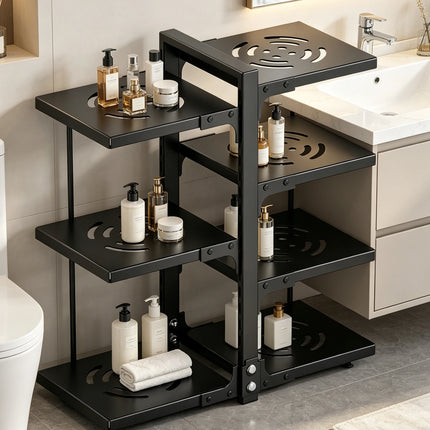 Multi-functional Kitchen Organizer, Adjustable Pot Rack with Drainage Tray, Rustproof Metal Organizer for Under Sink or Countertop Use