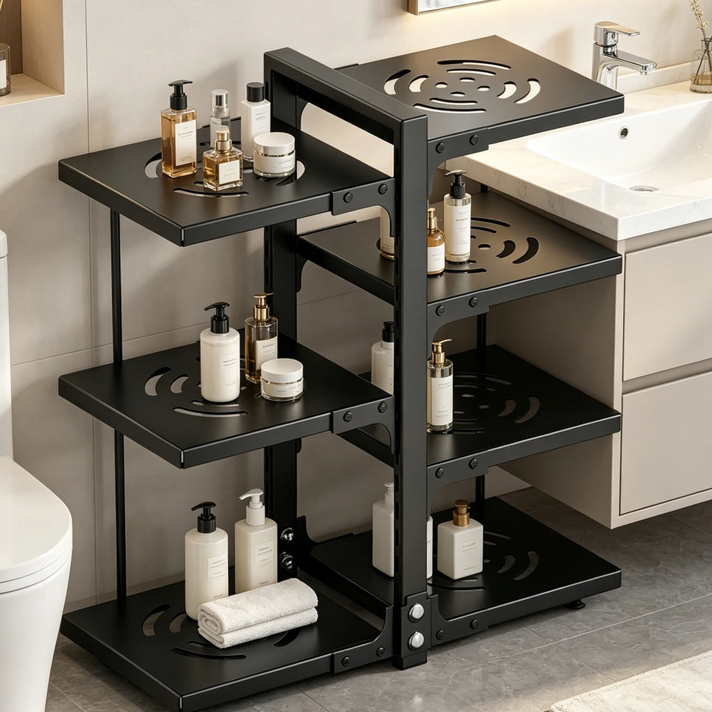 Multifunktionaler Küchen-Organizer, verstellbarer Topfhalter mit Abtropfschale, rostfreier Metall-Organizer für unter der Spüle oder auf der Arbeitsplatte