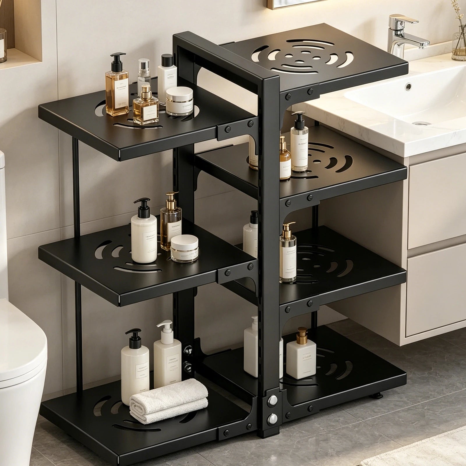 Multifunktionaler Küchen-Organizer, verstellbarer Topfhalter mit Abtropfschale, rostfreier Metall-Organizer für unter der Spüle oder auf der Arbeitsplatte