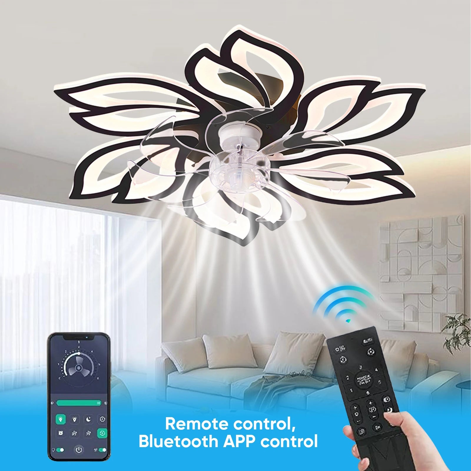 Ventilatore da Soffitto Intelligente con Luce e Controllo APP, Design a Fiore, Dimmerabile, Reversibile, 3 Temperature di Colore, 6 Velocità, Telecomando per Camera da Letto e Soggiorno