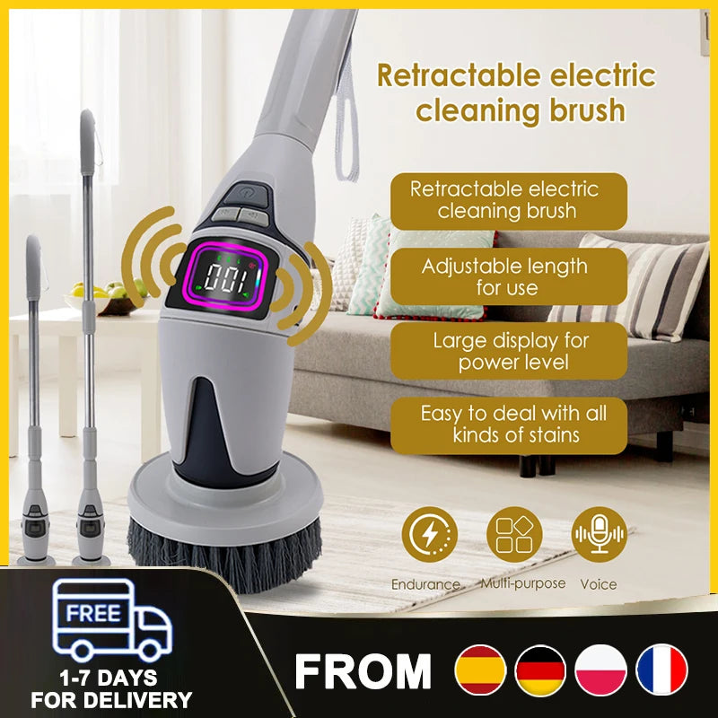Vielseitige elektrische Reinigungsbürste, tragbar mit verstellbarem Teleskopstiel von 33 cm bis 128 cm für Wohnzimmer, Bad und Küche