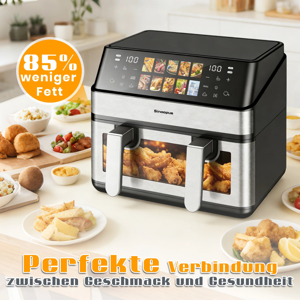 Friggitrice ad Aria Calda 8,5L 2000W con Doppio Cestello e Finestra LED Touch, 10 Programmi