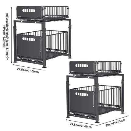 2-Tier Pull-Out Organizer, Height-Adjustable Under-Sink Shelf with Sliding Drawer for Kitchen and Bathroom Cabinets