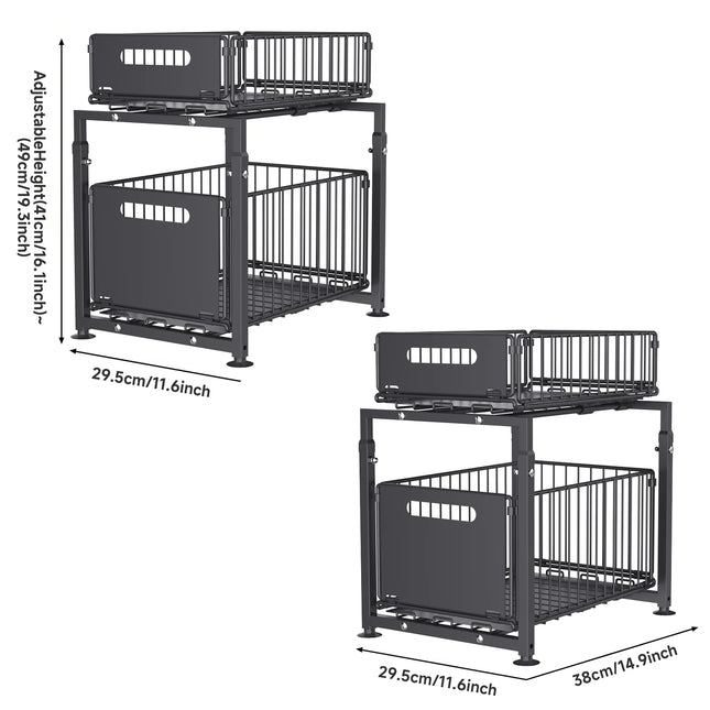 2-Tier Pull-Out Organizer, Height-Adjustable Under-Sink Shelf with Sliding Drawer for Kitchen and Bathroom Cabinets
