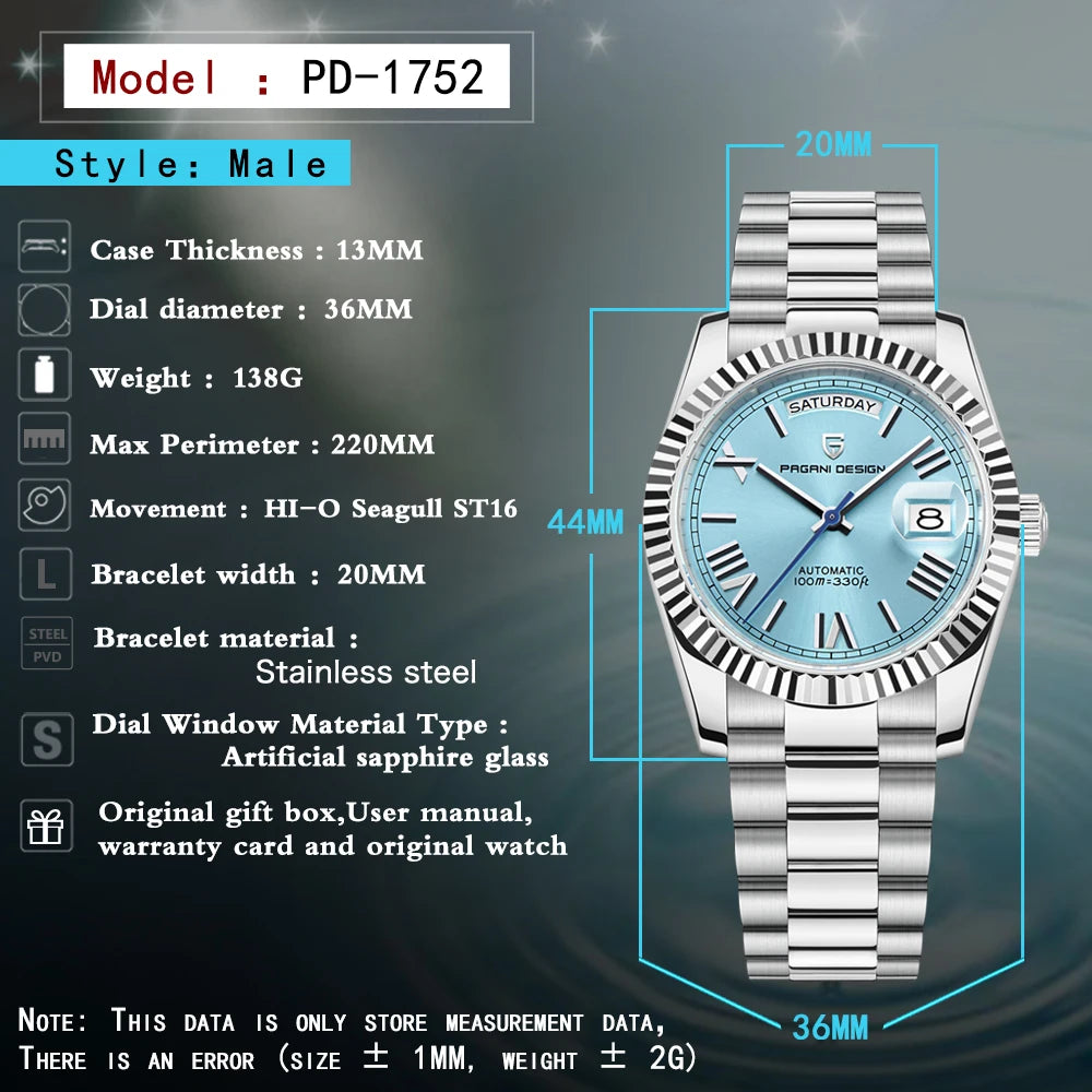 PAGANI DESIGN Orologio Automatico Uomo DD36 Quadrante Meteorite Bianco Acciaio Inossidabile