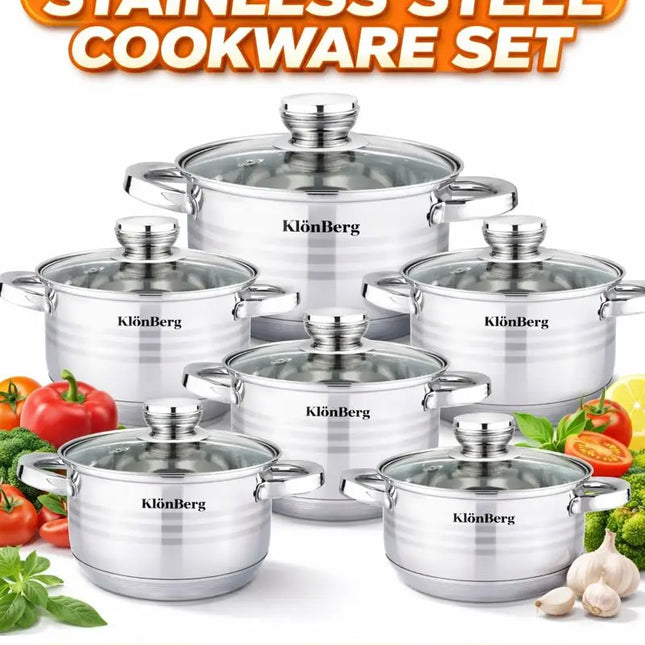 Set di Pentole Klönberg | Set di Pentole per Cucina a Induzione da 12 Pezzi | Acciaio Inossidabile | Coperchi in Vetro Temperato | Maniglie Comode | Varie Misure | Resistente ai graffi | Lavorazione di alta qualità