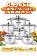 Klönberg Topfset | 12-teiliges Induktions-Kochgeschirr-Set | Edelstahl | Deckel aus gehärtetem Glas | Komfortable Griffe | Verschiedene Größen | Kratzfest | Verarbeitung aus Al