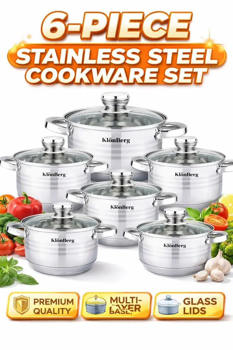 Klönberg Topfset | 12-teiliges Induktions-Kochgeschirr-Set | Edelstahl | Deckel aus gehärtetem Glas | Komfortable Griffe | Verschiedene Größen | Kratzfest | Verarbeitung aus Al