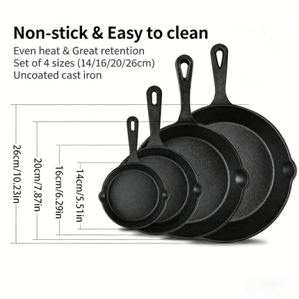 Set of 4 Uncoated Cast Iron Frying Pans Compatible with Induction Hobs, Non-stick for Frying, Steaks, BBQ, Omelettes