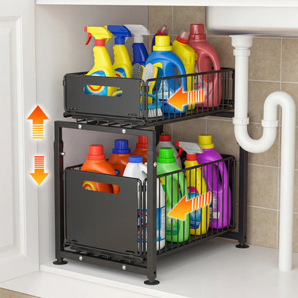 2-Tier Pull-Out Cabinet Organizer, Adjustable Height 41-49cm, Under Sink Storage Drawer, Carbon Steel Structure with Non-Slip Feet, No Tools Required for Kitchen, Bathroom,