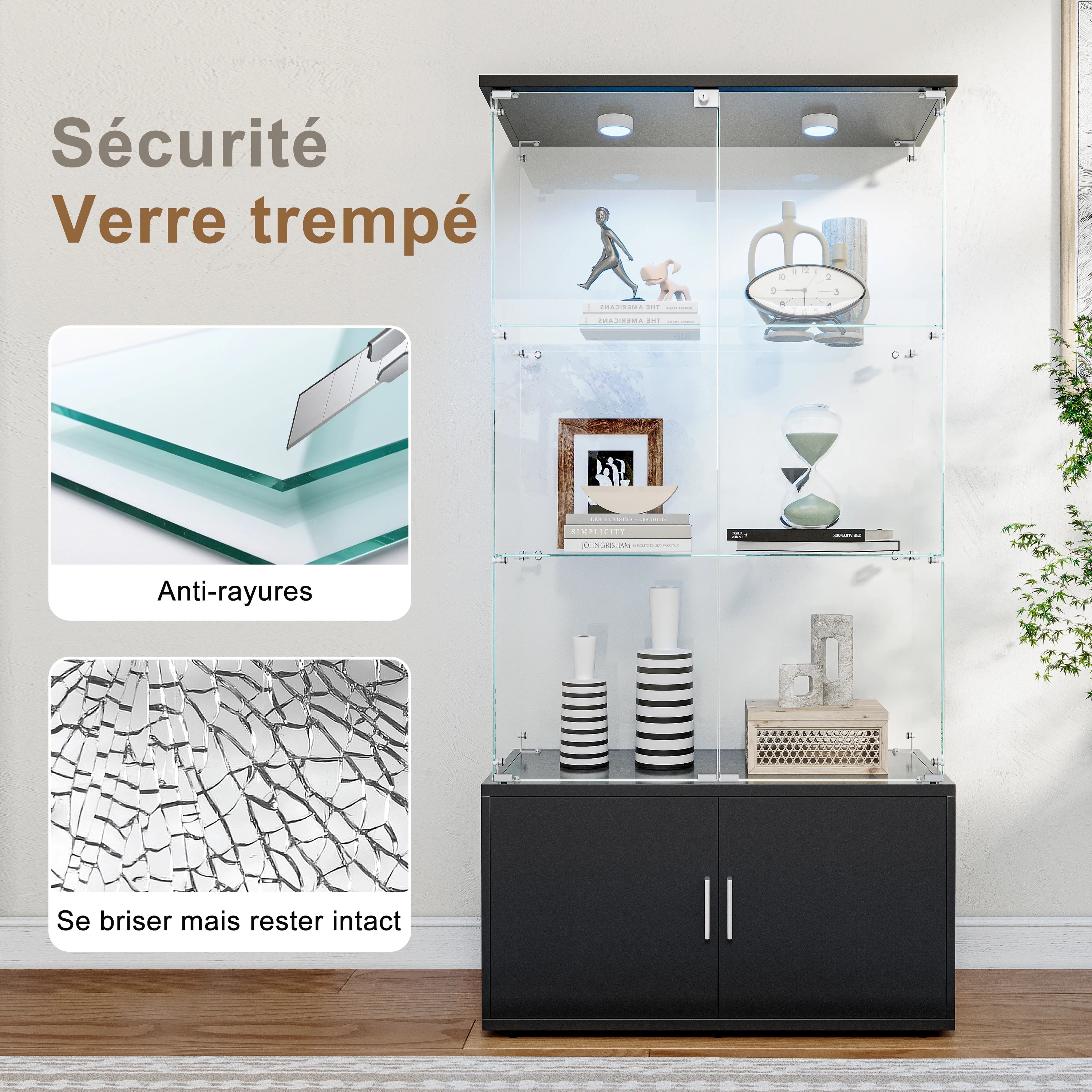 Drei-Etagen-Glasvitrine, Sammlerschrank mit LED-Beleuchtung, Display-Vitrine, Aufbewahrungsschrank und Organizer, geeignet für Wohnzimmer, Schlafzimmer und Büros; Schwarz