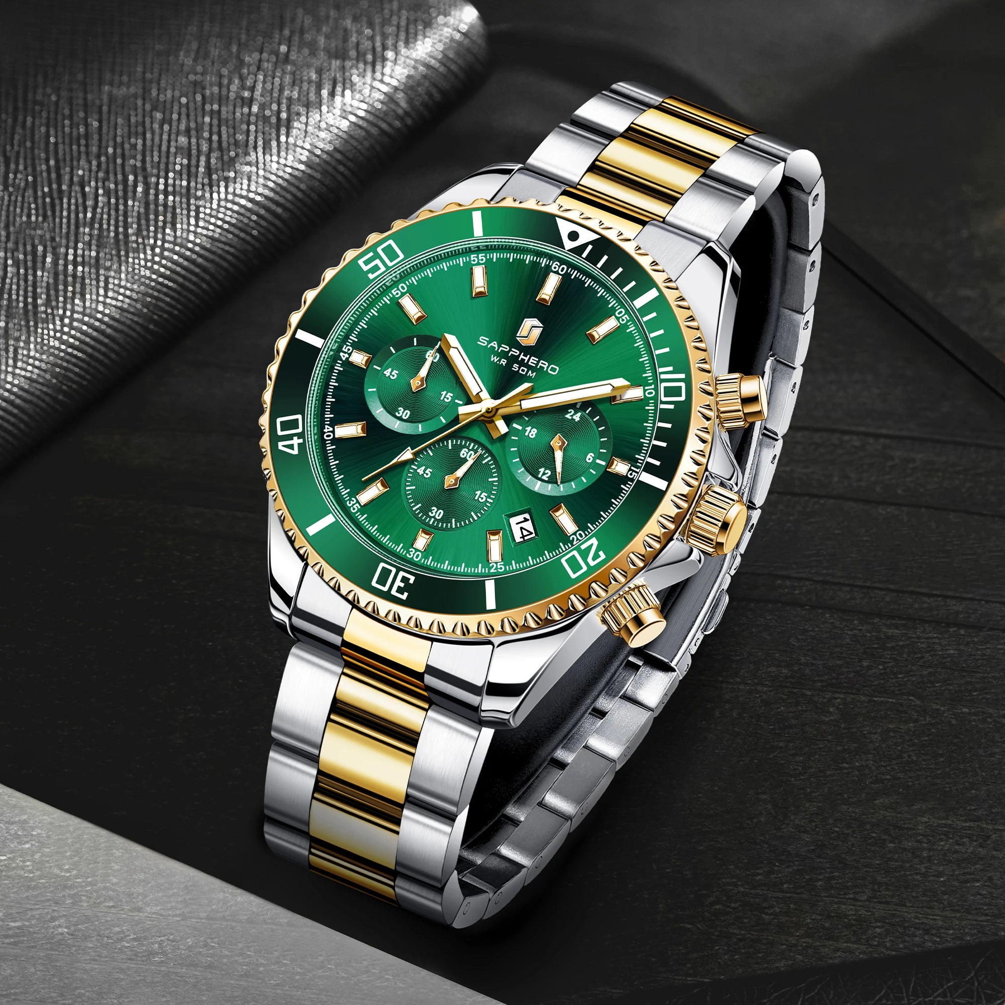 SAPPHERO Orologio da Polso Quarzo Uomo Acciaio Inossidabile Impermeabile 50M Cronografo