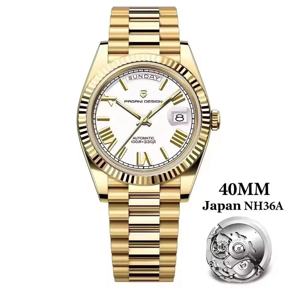 PAGANI DESIGN Neue 40mm Herrenuhr mit Wochenkalender, Edelstahl, 100M Wasserdicht, AR Saphirglas, Japanisches Luxusuhrwerk