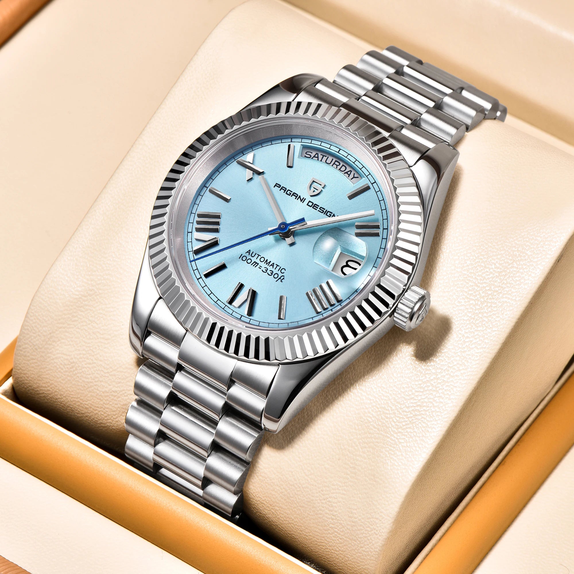 PAGANI DESIGN Orologio Meccanico Automatico Uomo Ice Blue Acciaio Inossidabile Vetro Zaffiro