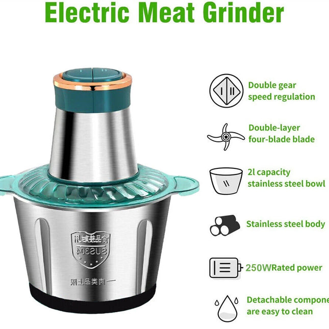 Tritatutto elettrico per carne/alimenti in acciaio inox da 2 litri, multifunzione, per verdure, da cucina