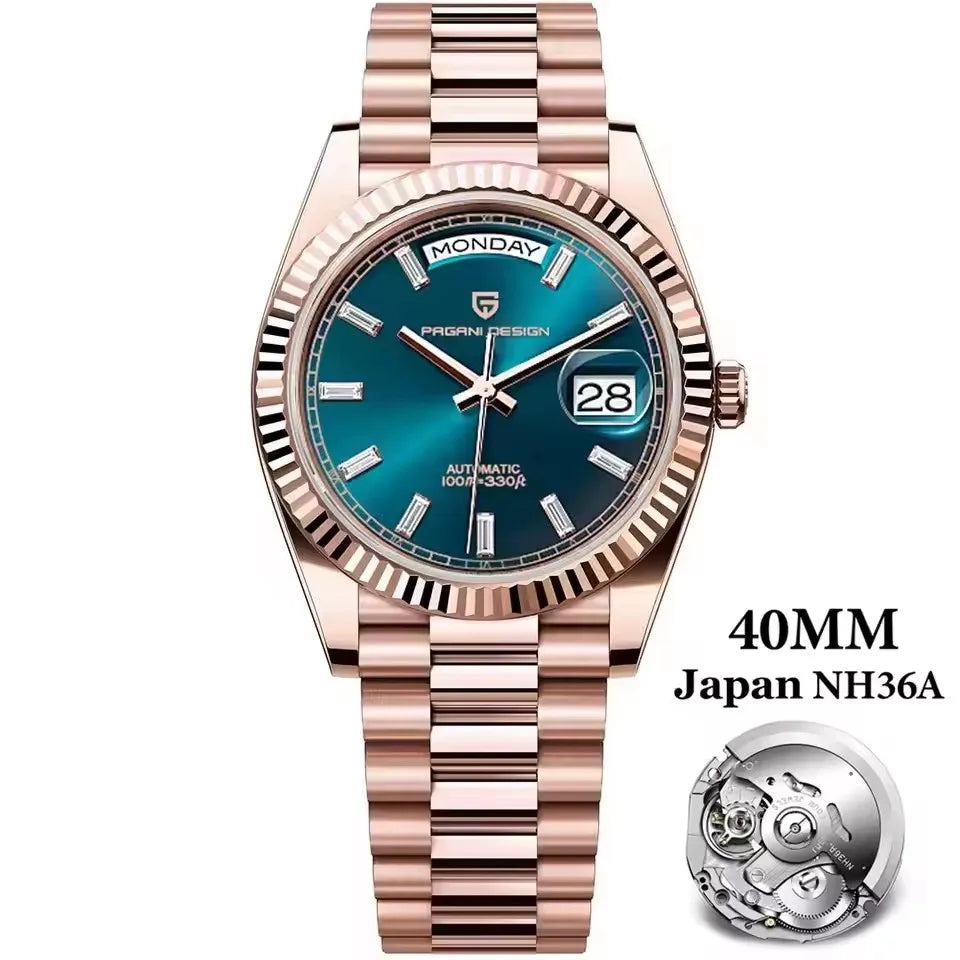 PAGANI DESIGN Neue 40mm Herrenuhr mit Wochenkalender, Edelstahl, 100M Wasserdicht, AR Saphirglas, Japanisches Luxusuhrwerk