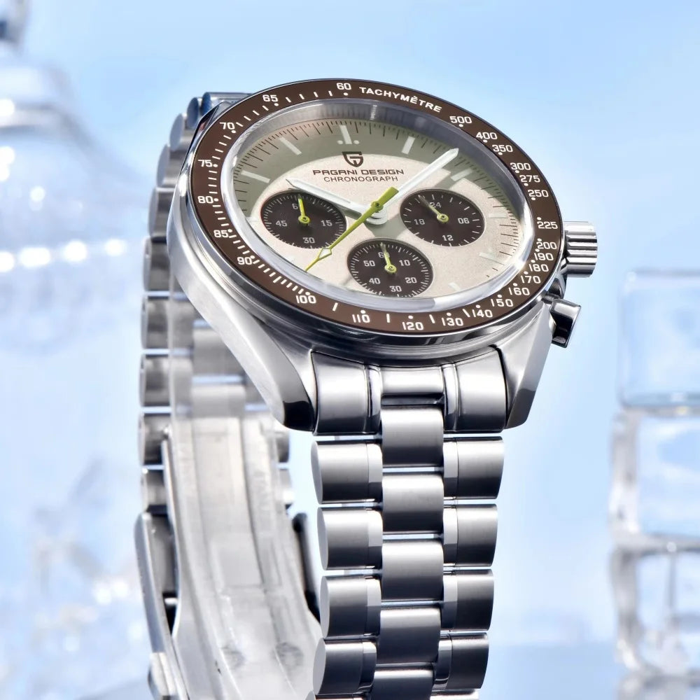 PAGANI DESIGN 2026 Neue Luxus-Herrenuhr mit Saphirglas AR, Sport-Chronograph mit Tachymeter 500 Zifferblatt, aus Edelstahl 316L, leuchtend