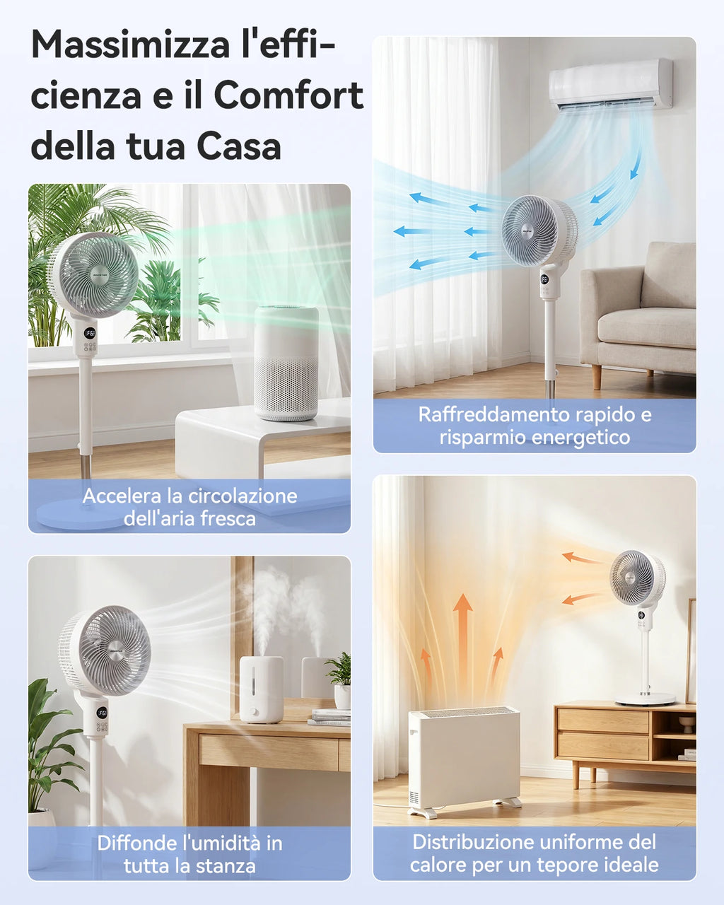 Aigostar Ventilatore a Piantana, 6 Velocità e 3 Modalità Silenzioso, Circolatore d'Aria 3D 850m³/h, Flusso 8m, Timer 12H, Altezza 100cm, Telecomando e Display Touch, Funzion Aroma per Camera e Ufficio