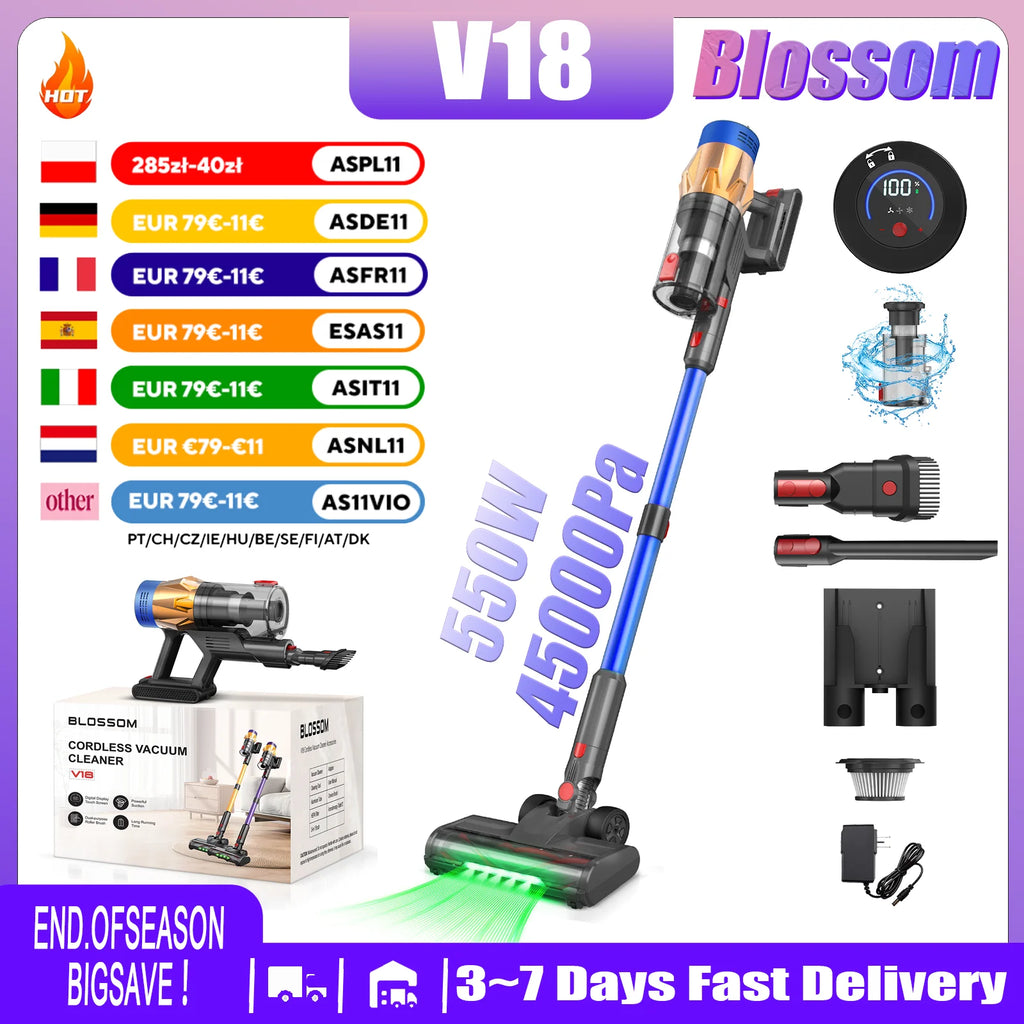 Blossom V18 Kabelloser Staubsauger 550W 45KPA Leistungsstark mit LED-Display Anti-Verfilzungsbürste Abnehmbarer Akku 1,5L für Tierhaare Hartböden Teppiche Zuhause Auto