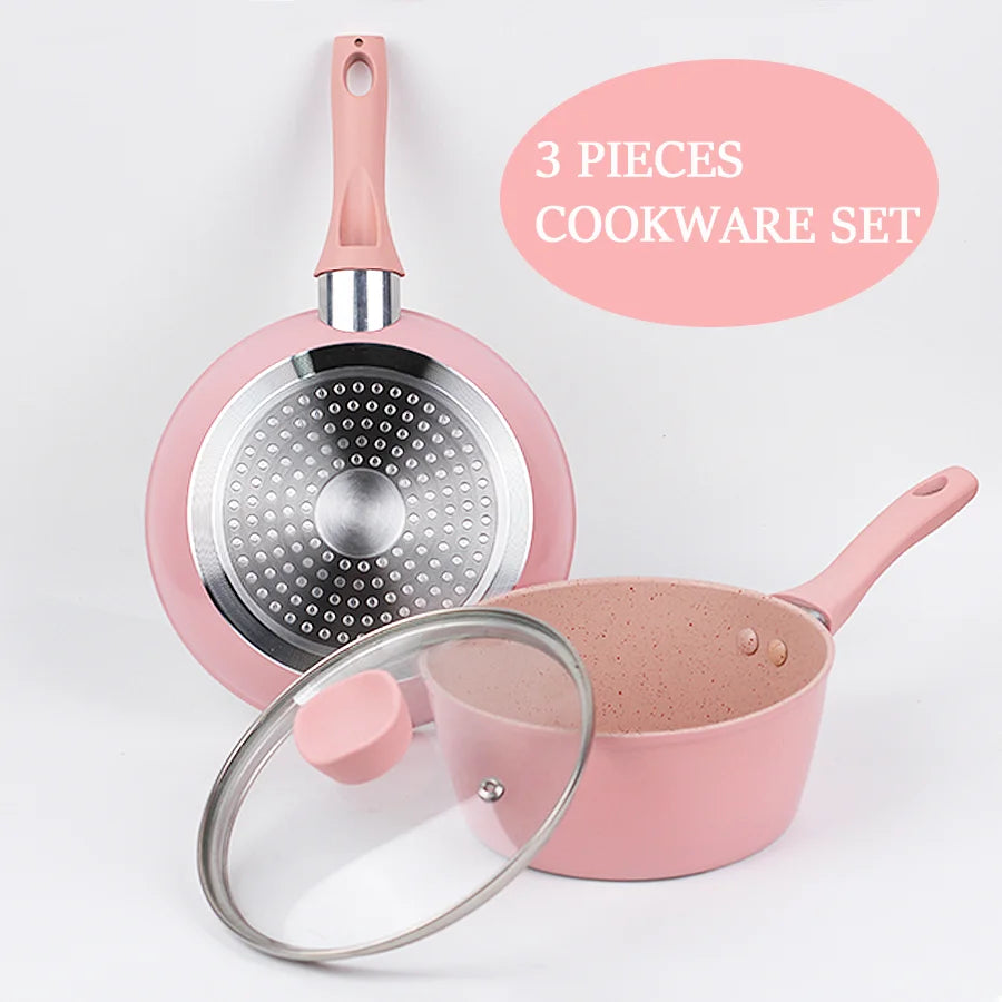 Set di pentole da cucina per la casa, set di pentole e padelle antiaderenti, padella per bistecche di uova carine, padella con coperchio per tutti i piani cottura, 3 pezzi, rosa
