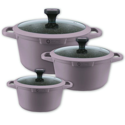 Pentole Aritka, alluminio forgiato, set 20Ø-24Ø-28Ø cm, adatte a gas, vetroceramica e induzione, disponibili in blu, lilla e rosa, marca Elite.