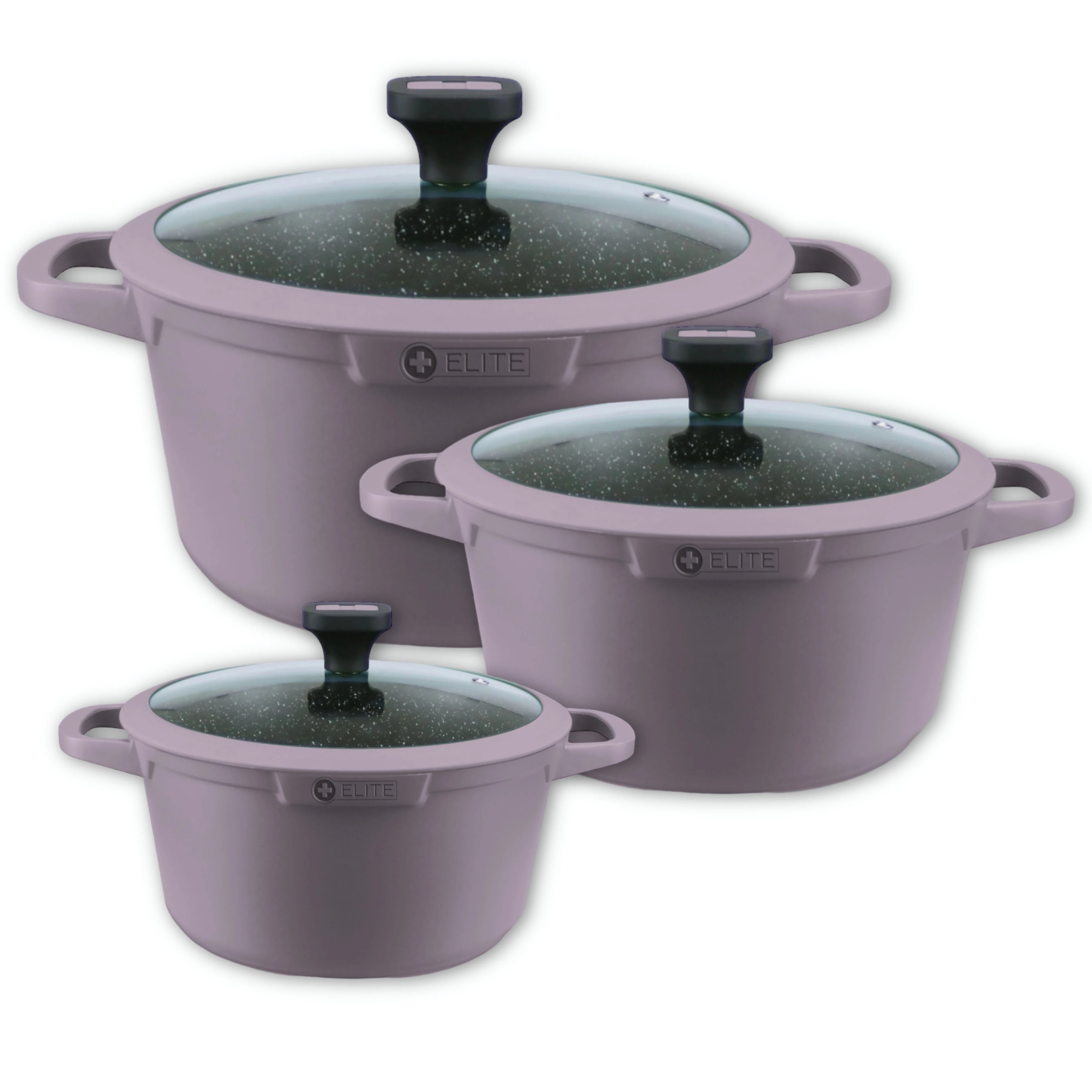 Aritka Kochtöpfe, geschmiedetes Aluminium, 3er-Set 20Ø-24Ø-28Ø cm, geeignet für Gas, Glaskeramik und Induktion, erhältlich in Blau, Lila und Rosa, Marke Elite.