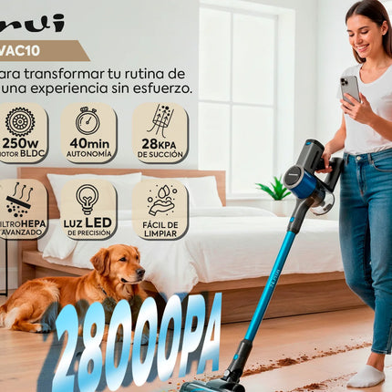 NARVI Cordless Vacuum Cleaner with 250W motor, rechargeable and removable battery, LED light for dust detection, 100 AW suction, HEPA filter and anti-tangle motorized brush. Ref. AC 10