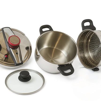 MR KITCHEN Pentola a Pressione 2 in 1 in Acciaio Inox 6L-8L-10L con Vaporiera - Adatta per Gas, Induzione e Piani Cottura in Ceramica